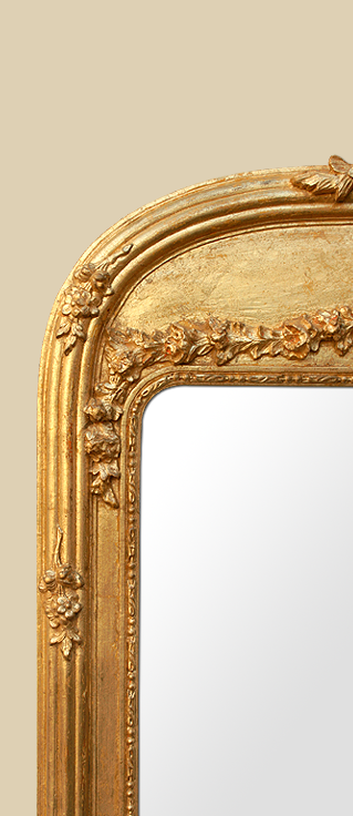 Cadre miroir ancien doré décor guirlandes, perles, torsades, moulure cannelés