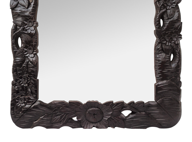 cadre miroir bois sculpte decor fleurs oiseaux style asiatique colonial