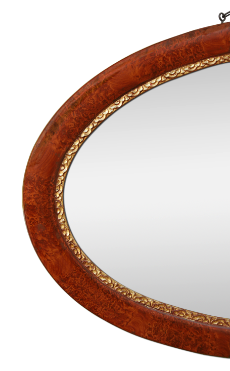 Cadre miroir ovale bois de loupe décor doré patiné
