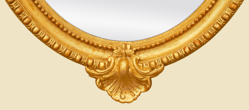 Cadre miroir ovale doré ancien décor coquille