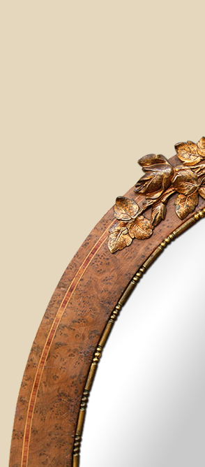 Cadre miroir ovale marqueterie décor métal doré cuivré