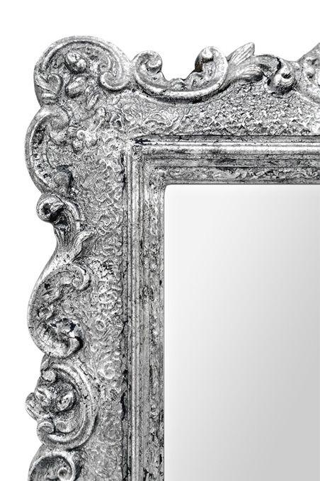 detail cadre miroir bois argente patine decor baroque