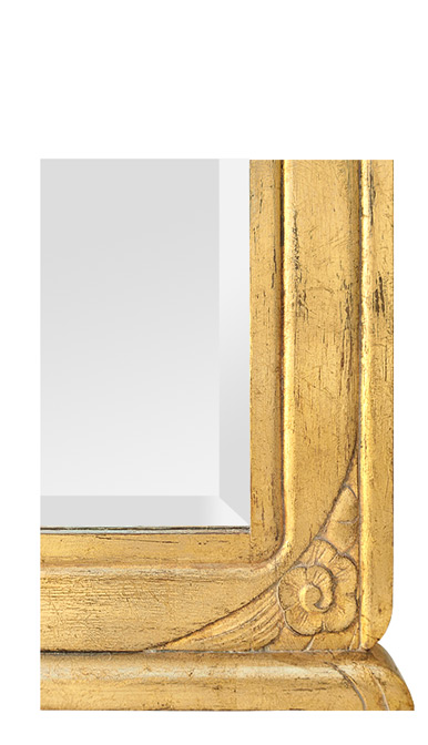 Détail cadre miroir bois sculpté doré style Art deco