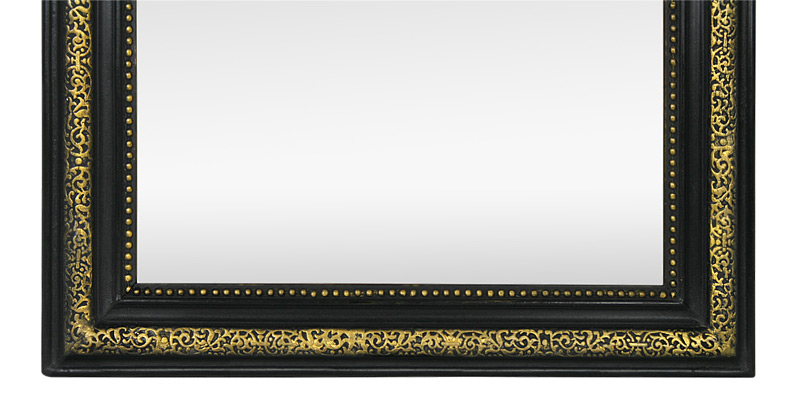 Détail frise dorure, cadre miroir noir et doré style Napoleon III