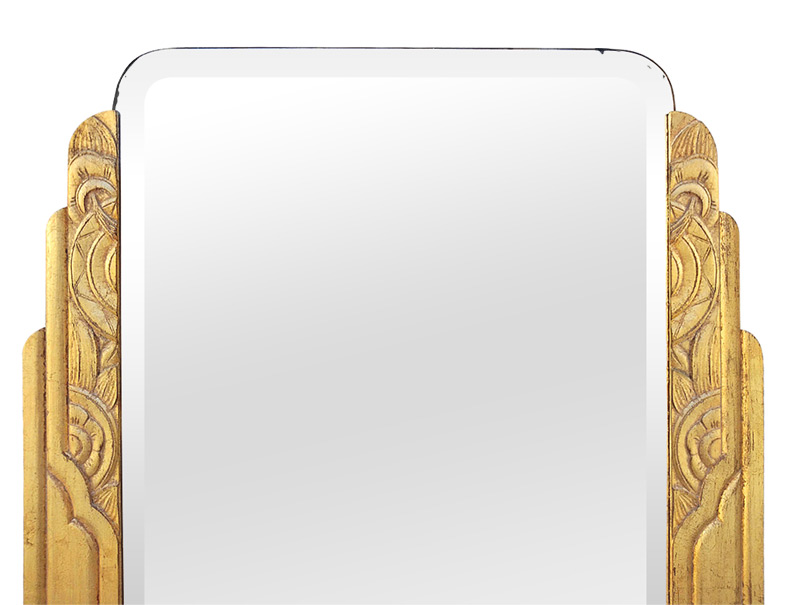 Détail grand miroir bois doré style Art Déco glace biseauté