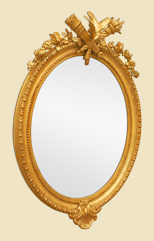 Glace de mariage, grand miroir ovale doré décor colombe