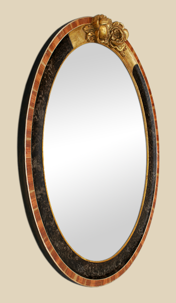 Glace miroir ovale ancien 1930 fronton doré décor de roses, bordure bois de rose et marbrures peintes