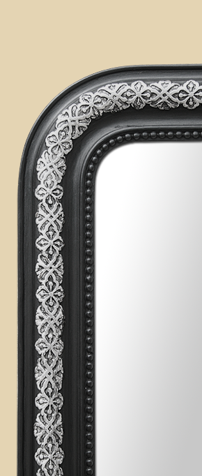 Grand cadre miroir ancien decors arabesques noir et argent
