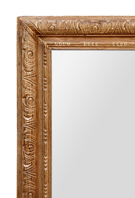 Grand cadre miroir bois sculpté à la main décor volutes et perles