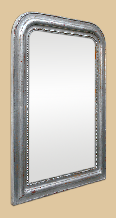 Grand miroir argenté vieilli décor de perles style Louis Philippe