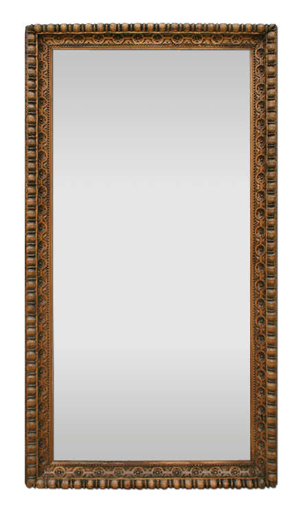 Grand miroir ancien bois sculpté à la main décor de perles et rosaces