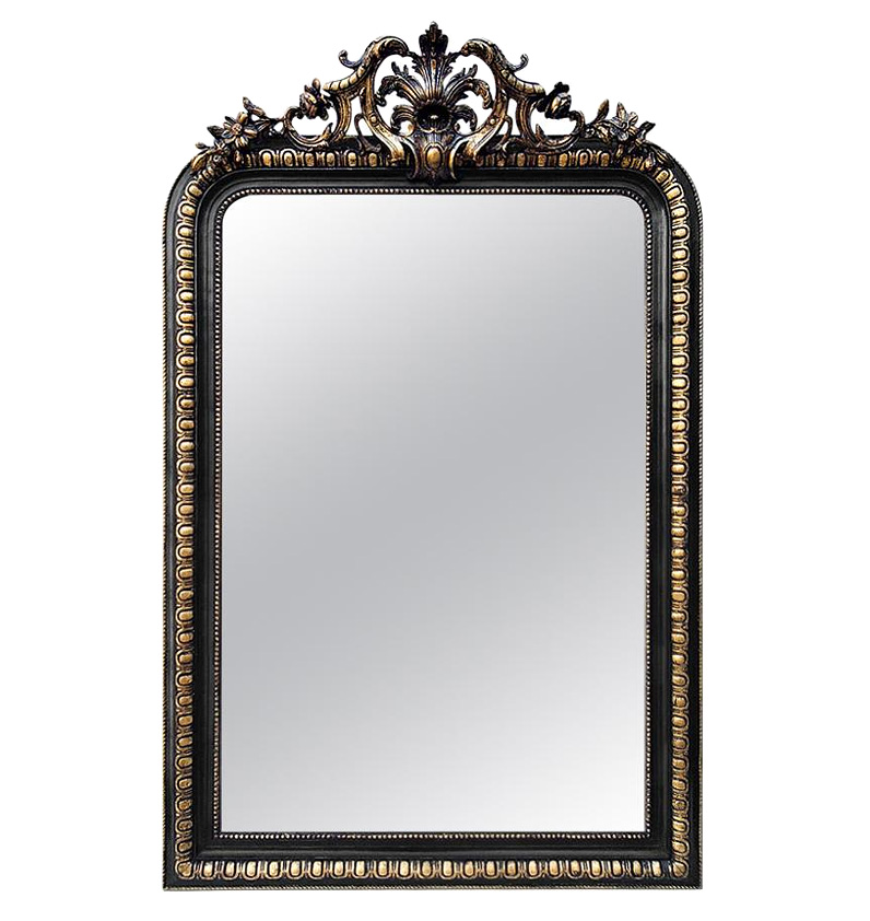 grand miroir ancien cheminee fronton epoque Napoleon III noir dore