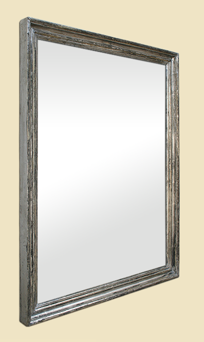 Grand miroir ancien moulure 19ème dorure feuille d'argent patiné
