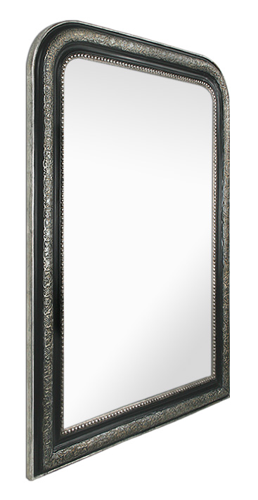 Grand miroir chemine noir et argent patine style Louis Philippe