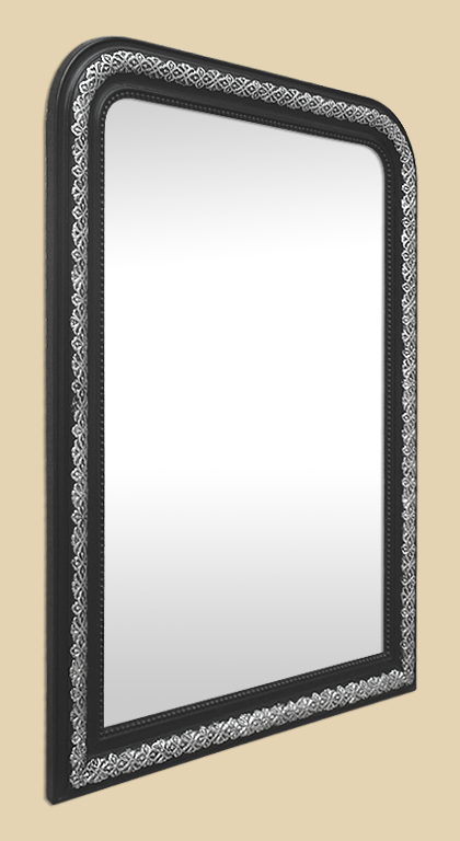 Grand miroir cheminee ancien style Napoleon 3, noir et argent patine
