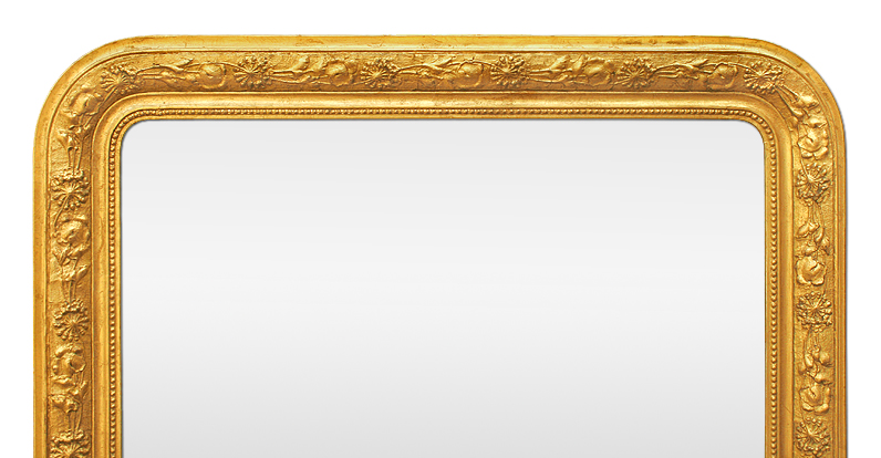 Grand miroir Louis Philippe doré décor florale années 30