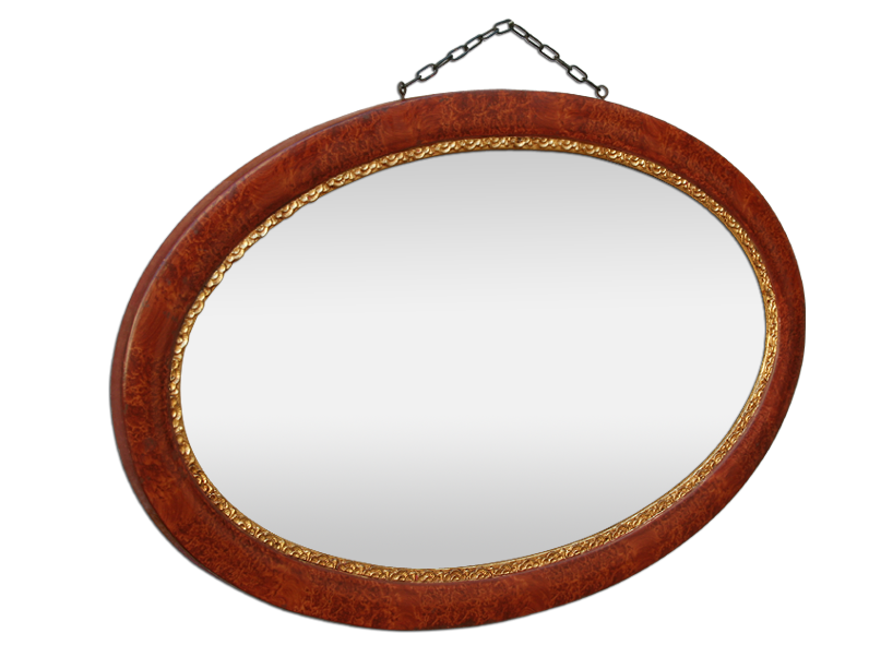 Grand miroir ovale ancien bois de loupe décor floral doré