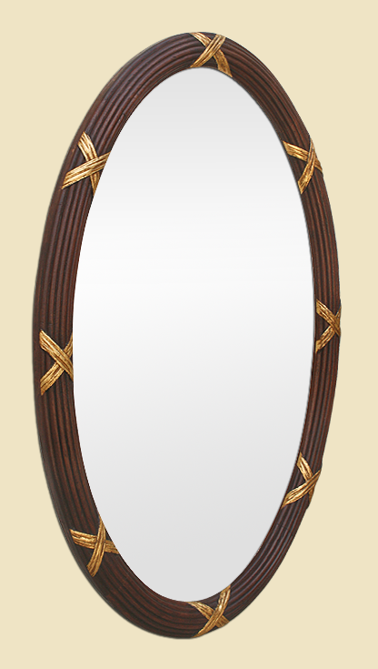 Grand miroir ovale ancien bois teinté acajou, décors dorés