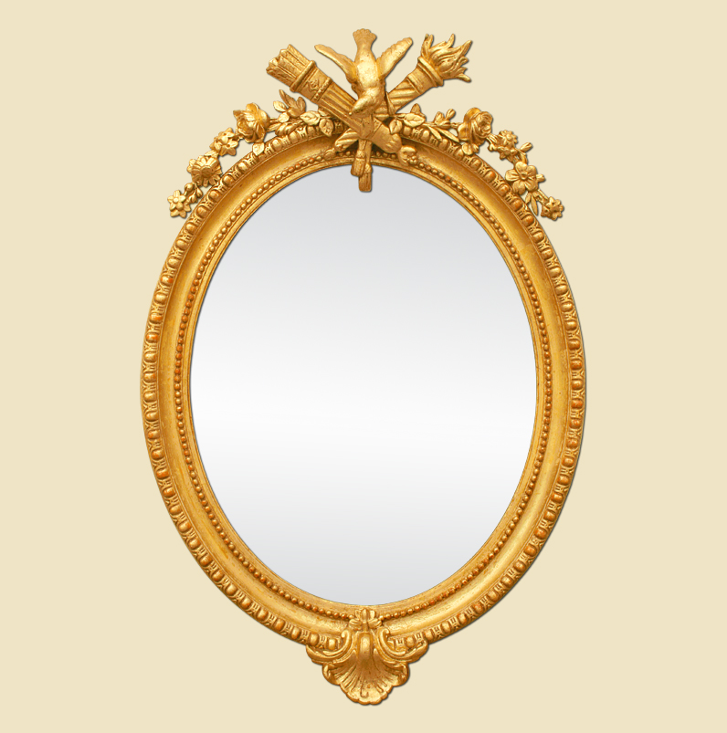 Grand miroir ovale doré ancien décor colombe et fleurs