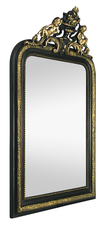 Miroir ancien bois doré et noir à fronton décor anges style Napoleon III