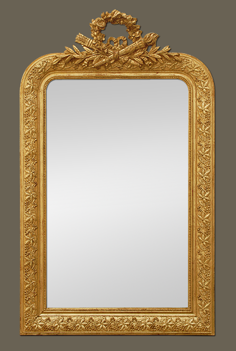 Miroir ancien doré à coquille noeud carquois et flambeau