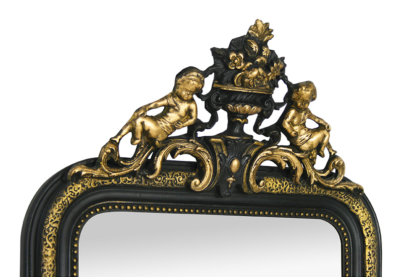 Miroir ancien fronton doré et noir peint, décor d'anges, style-Napoleon-III