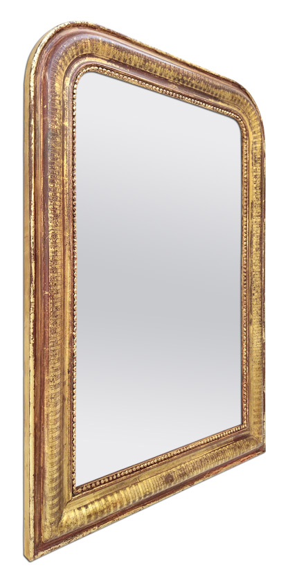 Miroir ancien Louis Philippe doré patiné décor gravé 1880