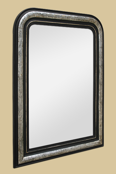 Grand miroir Louis Philippe dorure argentée, patine noir