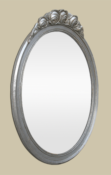 Miroir ancien ovale art déco dorure argenté fronton décor florale