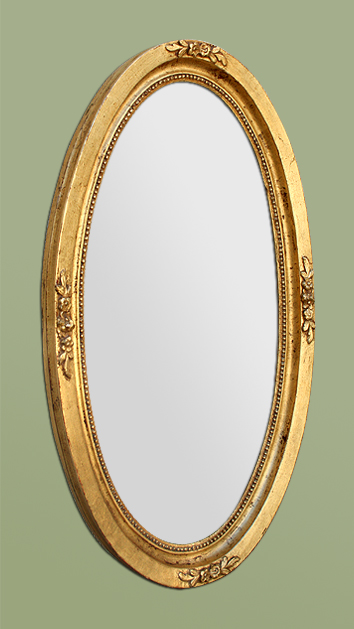 Grand miroir ovale ancien doré à décor de roses