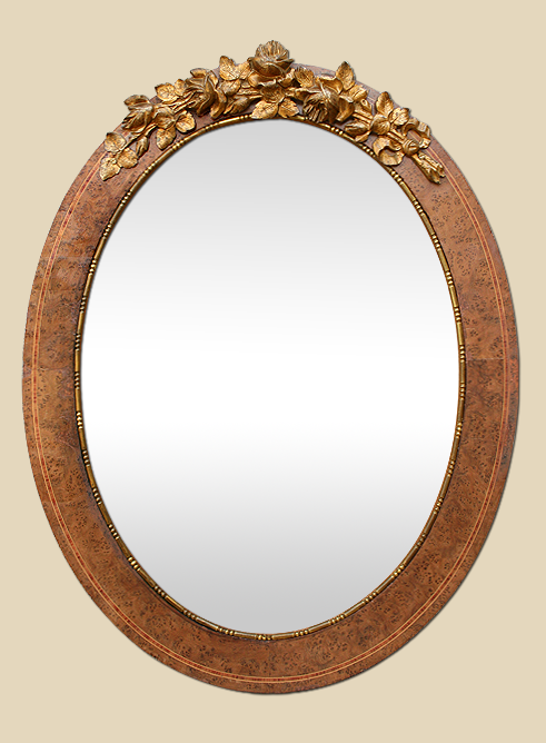 Miroir ancien ovale marqueterie, fronton métal doré cuivré