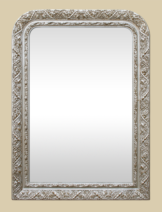 Miroir ancien style Louis Philippe argenté vieilli à décor stylisé 1900