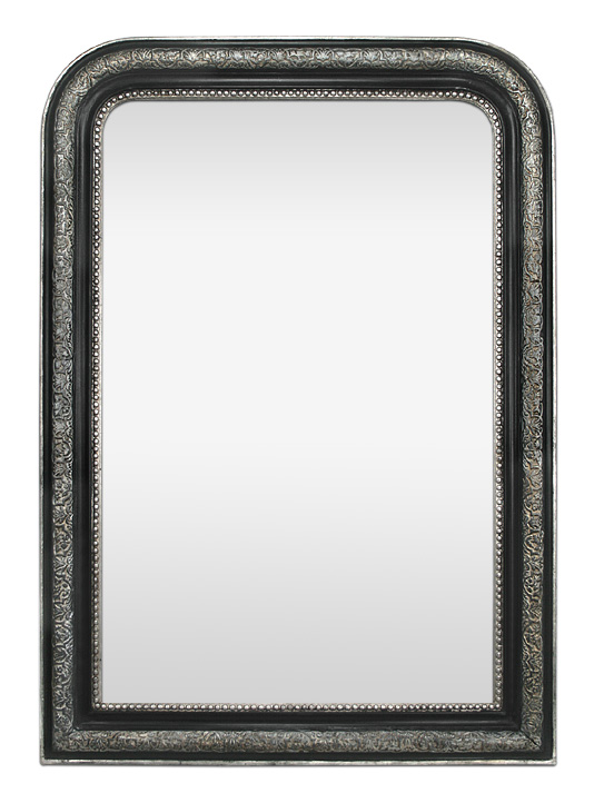Miroir ancien style Louis Philippe noir dorure argenté et perles patiné