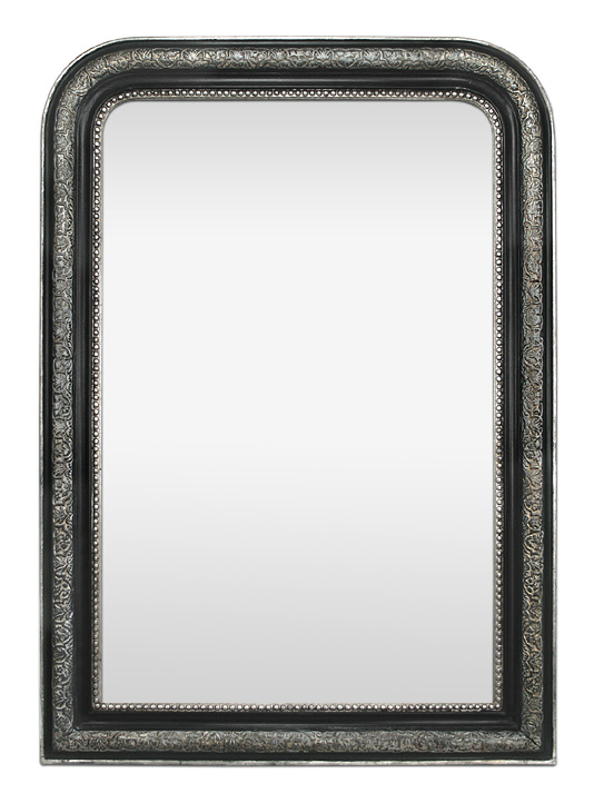 Miroir ancien style Louis Philippe noir dorure argent et perles patin