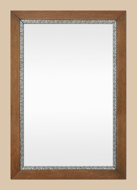 Miroir bois ancien années 50 décor argent patiné