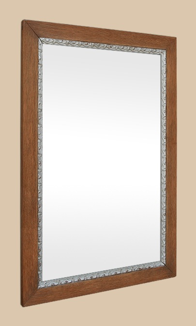 Miroir bois ancien époque 1950, décor argent patiné