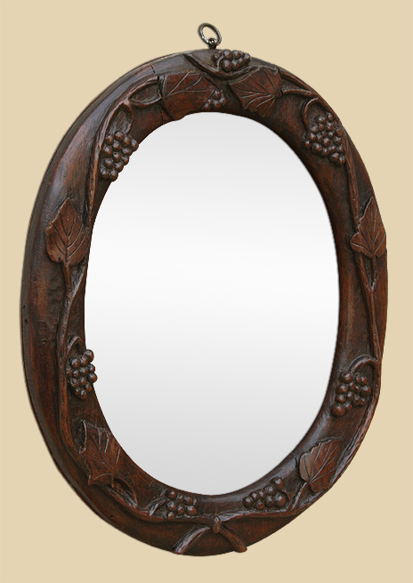 Miroir bois teinte acajou sculpté ancien décor grappes de raisins