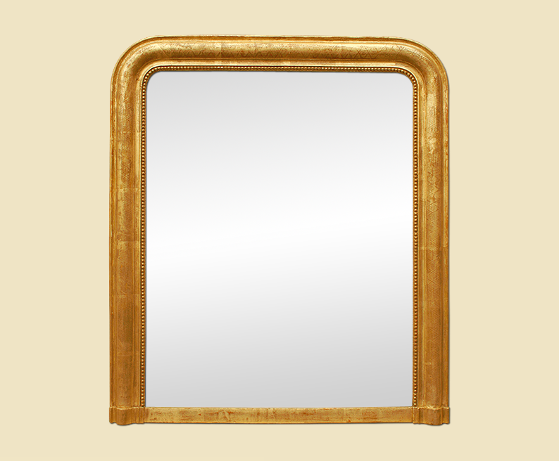 Miroir cheminée ancien doré patiné Louis Philippe décor perles et croisillons