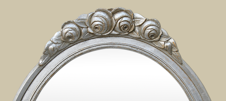 miroir ovale ancien argenté style art déco fronton décor fleurs