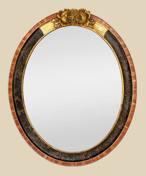 Miroir ovale ancien époque art déco fronton doré décor de roses