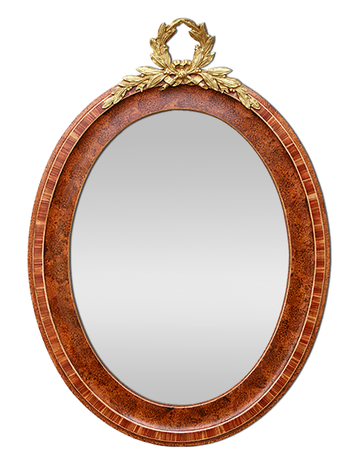 Miroir ovale ancien bois imitation bois de loupe et bois de rose à fronton bronze doré