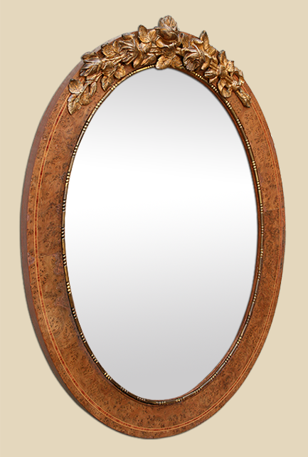 Miroir ovale ancien marqueterie fronton métal doré décors fleurs
