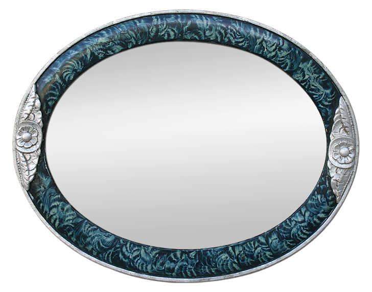 Miroir ovale Art Déco argenté patiné, à décors de couleur turquoise