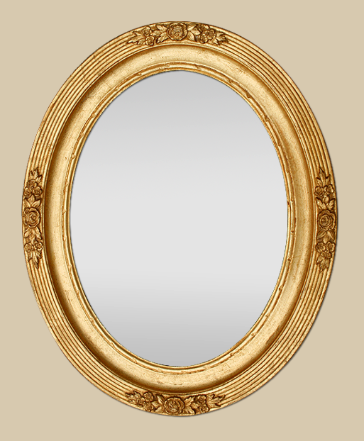 Miroir ovale ancien doré patiné décor floral art nouveau