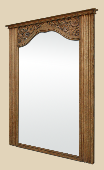 Miroir trumeau ancien en bois de chêne naturel ciré, bois sculpté decor de fleurs