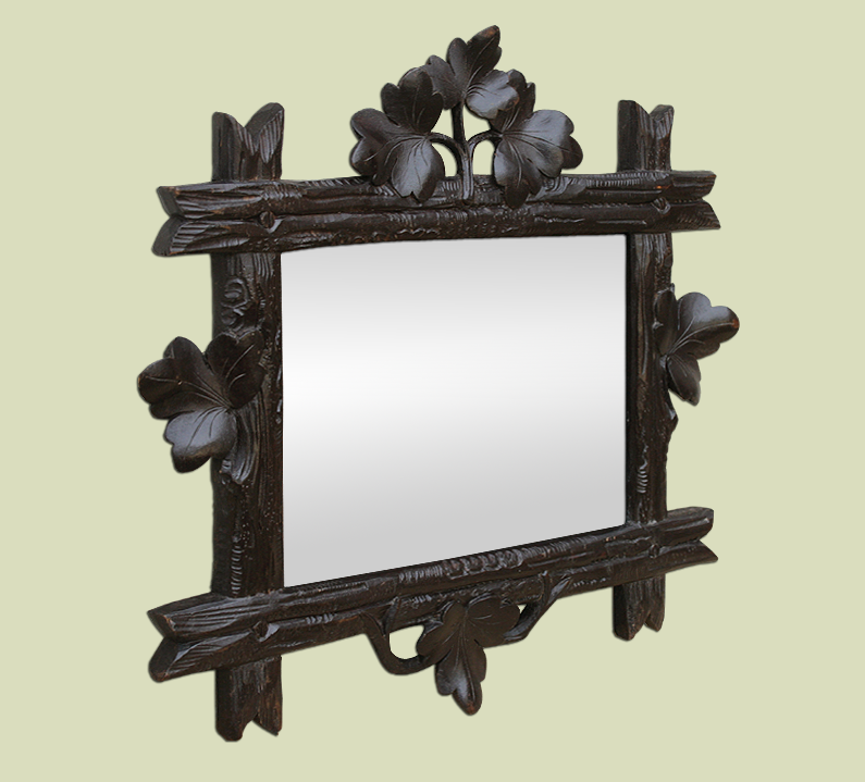 Petit miroir ancien bois sculpté Art Populaire décor de branches et feuilles