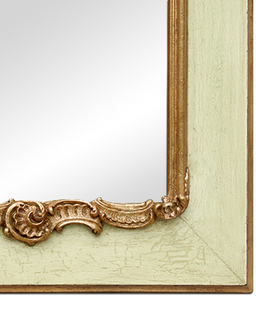 Petit miroir ancien décor romantique moulure vert d'eau et beige