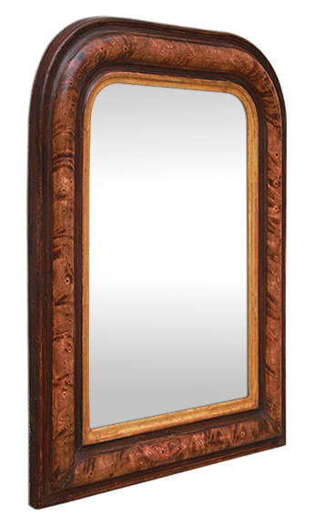 Petit miroir ancien Louis Philippe décor imitation bois de loupe patiné